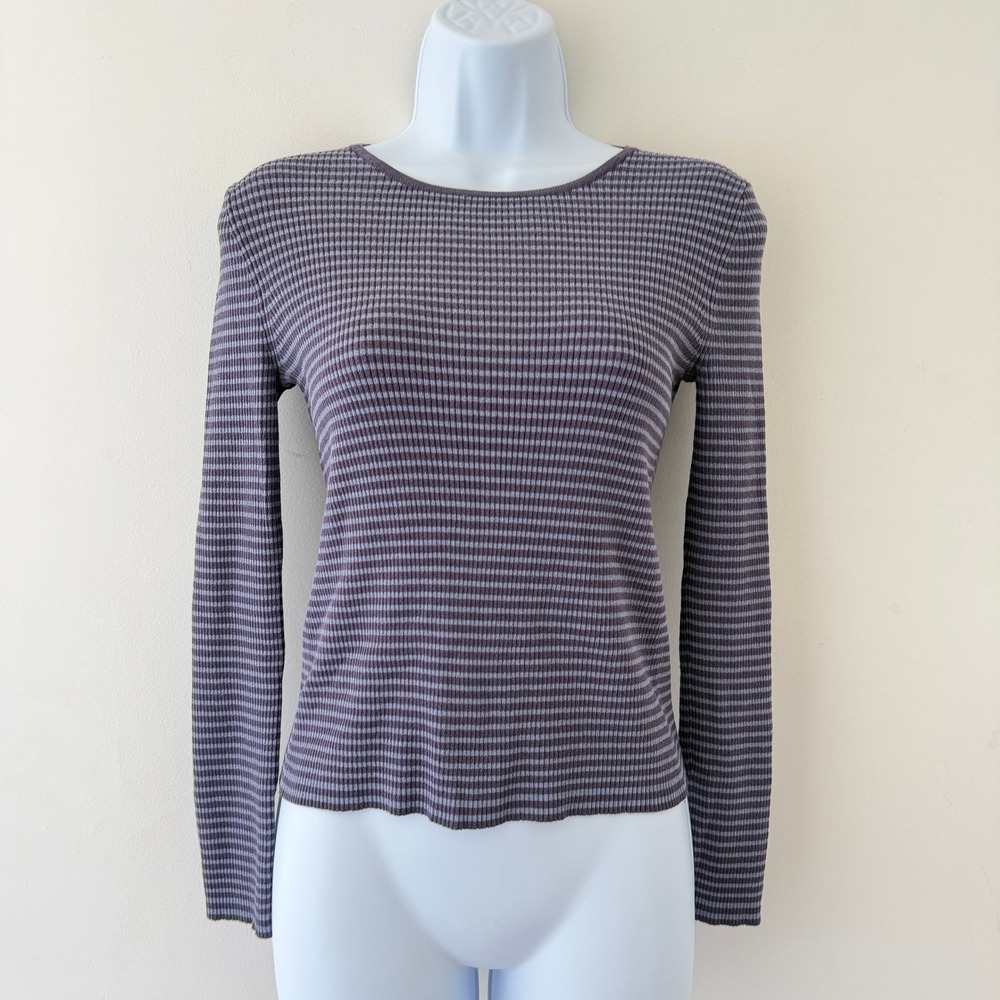 Y2K Purple Gray Striped Ribbed Fitted Baby Tee Long Sleeve Top M Indie Sleaze